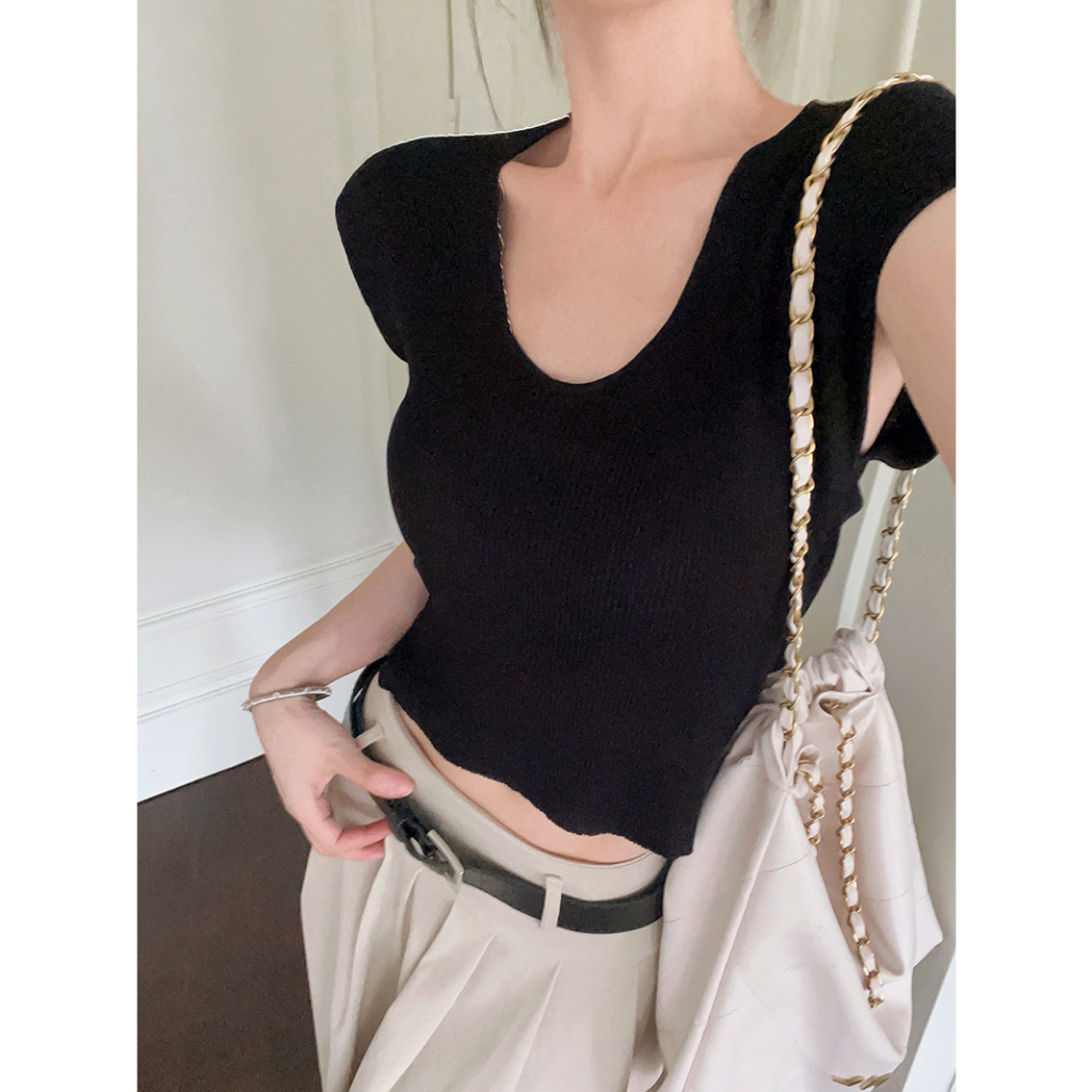 Lalisas Áo sweater Tay Ngắn Cổ Chữ U Ôm Dáng Chất Liệu Thoáng Khí Thời Trang Cho Nữ