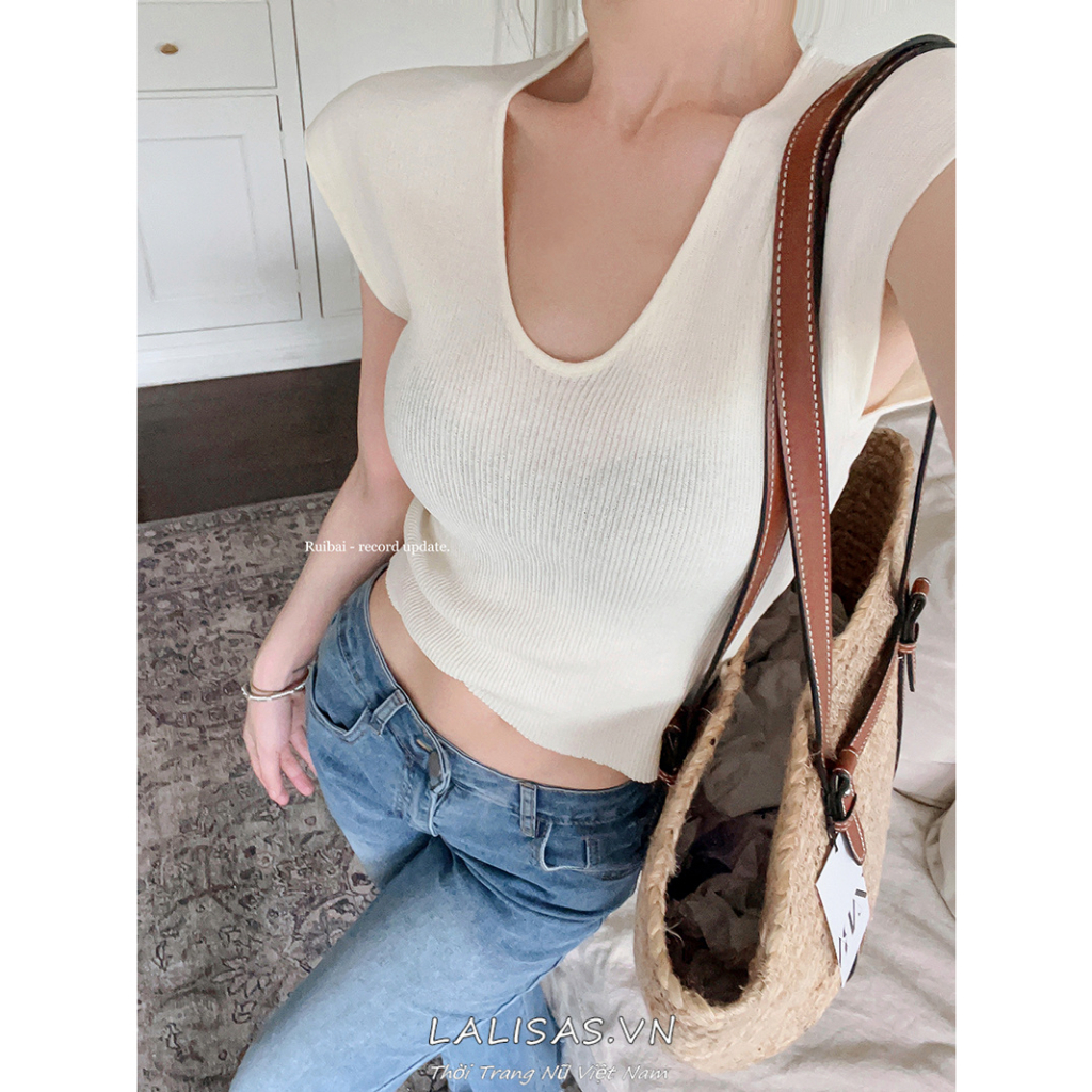 Lalisas Áo sweater Tay Ngắn Cổ Chữ U Ôm Dáng Chất Liệu Thoáng Khí Thời Trang Cho Nữ