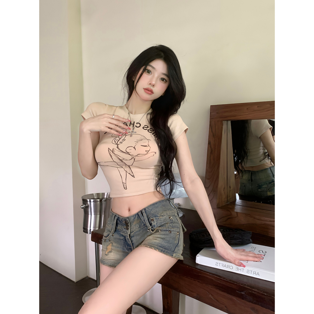 Áo Croptop Tay Ngắn Dáng Ôm In Họa Tiết Hoạt Hình Thời Trang Quyến Rũ Cho Nữ