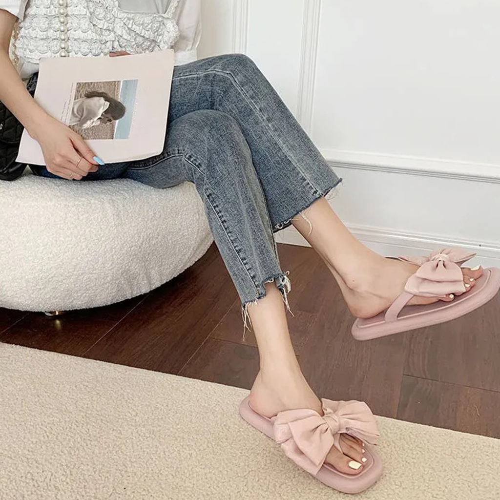 PunkyRabbit Người phụ nữ Mùa Hè Dép Nơ Hở Ngón PVC Thoải Mái Đáy Dày Phẳng Trượt