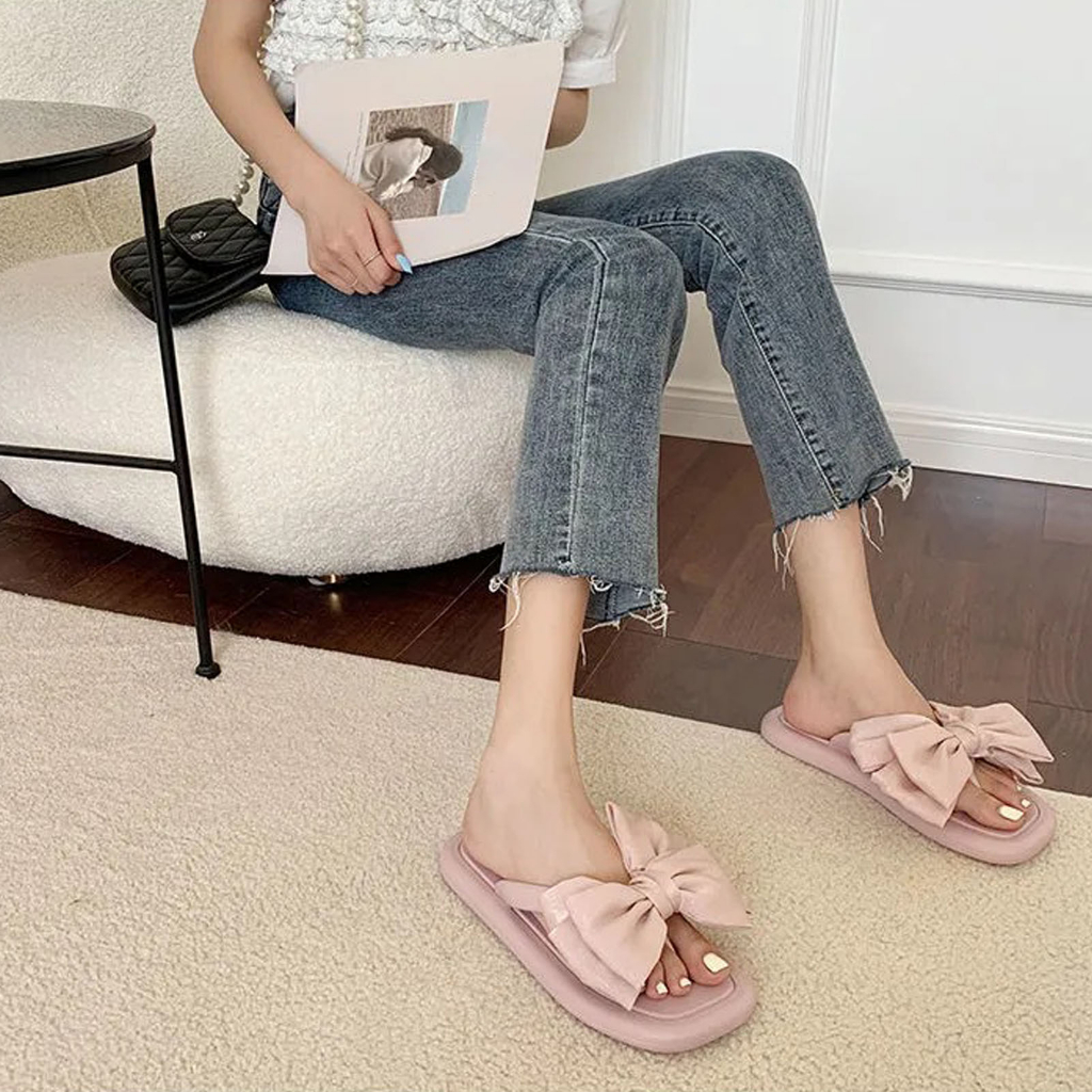 PunkyRabbit Người phụ nữ Mùa Hè Dép Nơ Hở Ngón PVC Thoải Mái Đáy Dày Phẳng Trượt