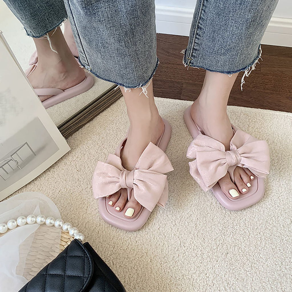 PunkyRabbit Người phụ nữ Mùa Hè Dép Nơ Hở Ngón PVC Thoải Mái Đáy Dày Phẳng Trượt