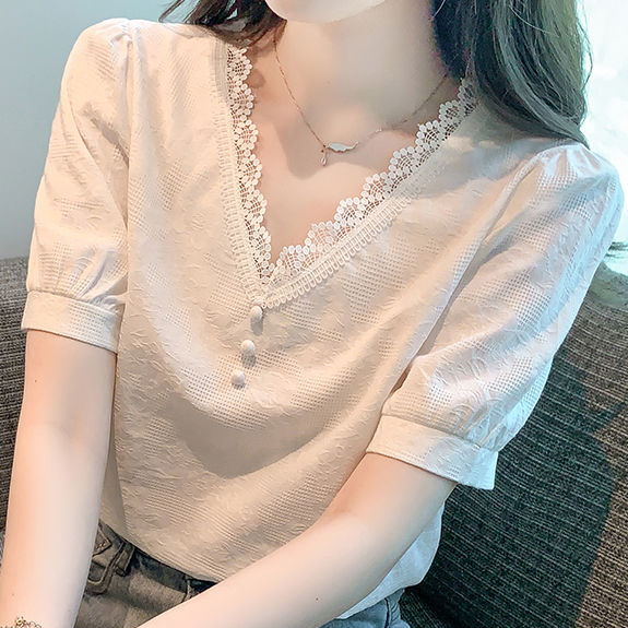 Áo Kiểu Tay Ngắn Cổ Chữ V Phối Ren Thêu Họa Tiết Phong Cách Pháp Thời Trang Mùa Hè Hàng Mới 2023 57BD