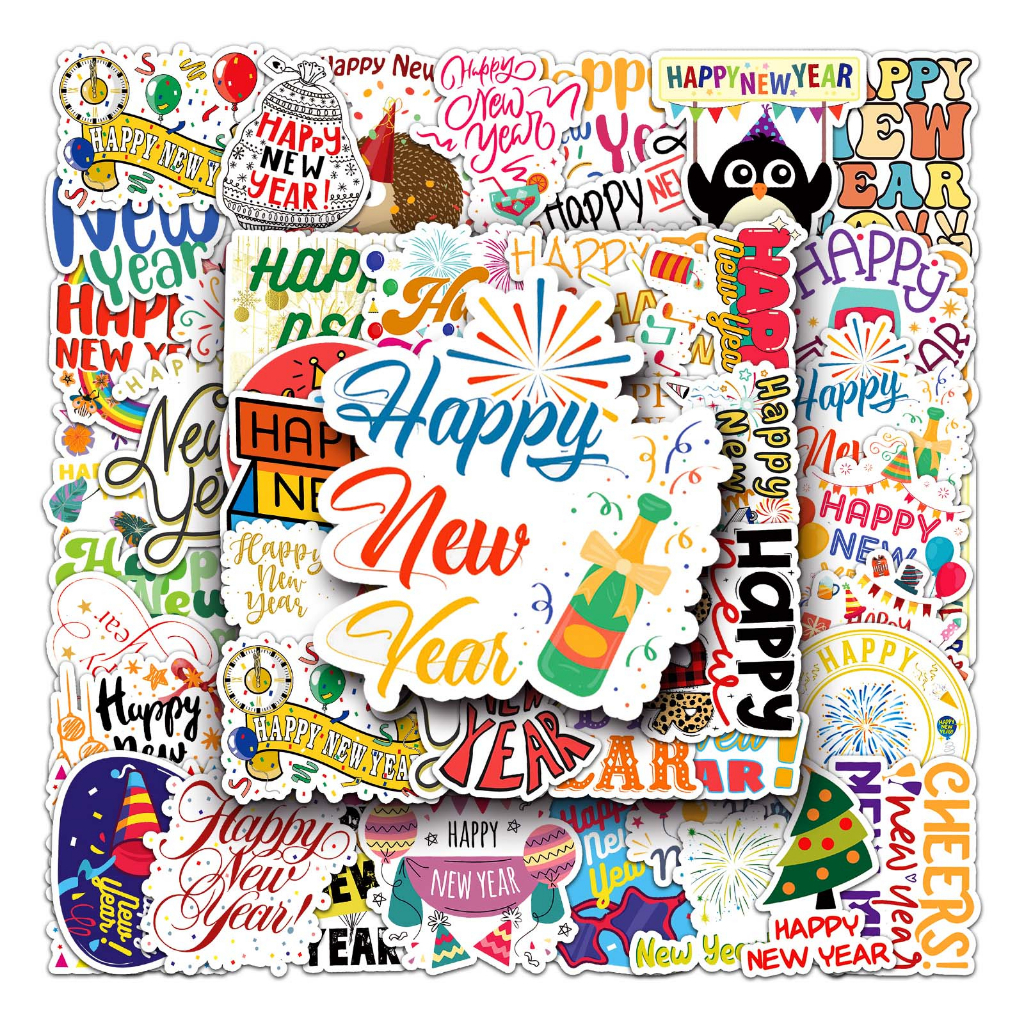 Bộ 50 Miếng Dán Chữ Tiếng Anh happy new year Vui Nhộn Chống Thấm Nước Trang Trí Xe Hơi