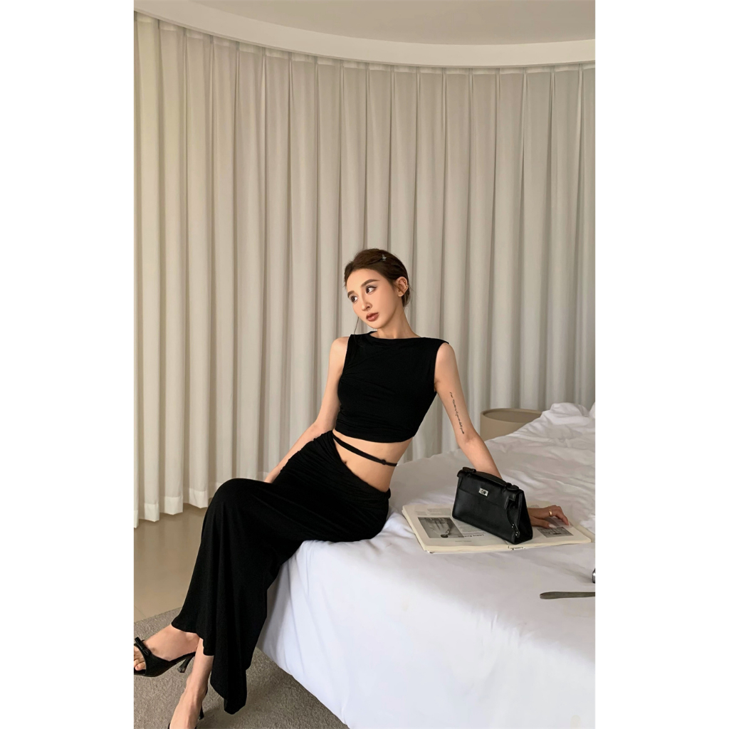 Set Áo Lửng Không Tay + Chân Váy Ôm Hông Thời Trang Dành Cho Nữ