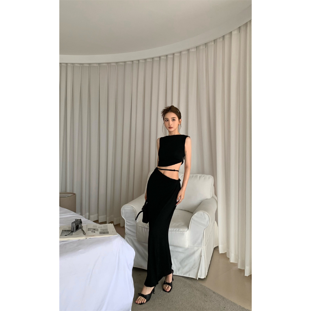 Set Áo Lửng Không Tay + Chân Váy Ôm Hông Thời Trang Dành Cho Nữ