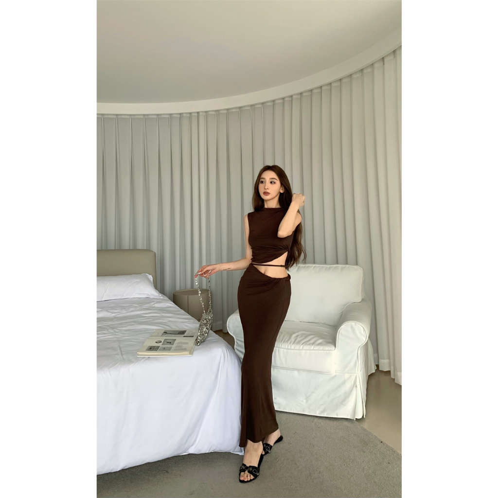 Set Áo Lửng Không Tay + Chân Váy Ôm Hông Thời Trang Dành Cho Nữ