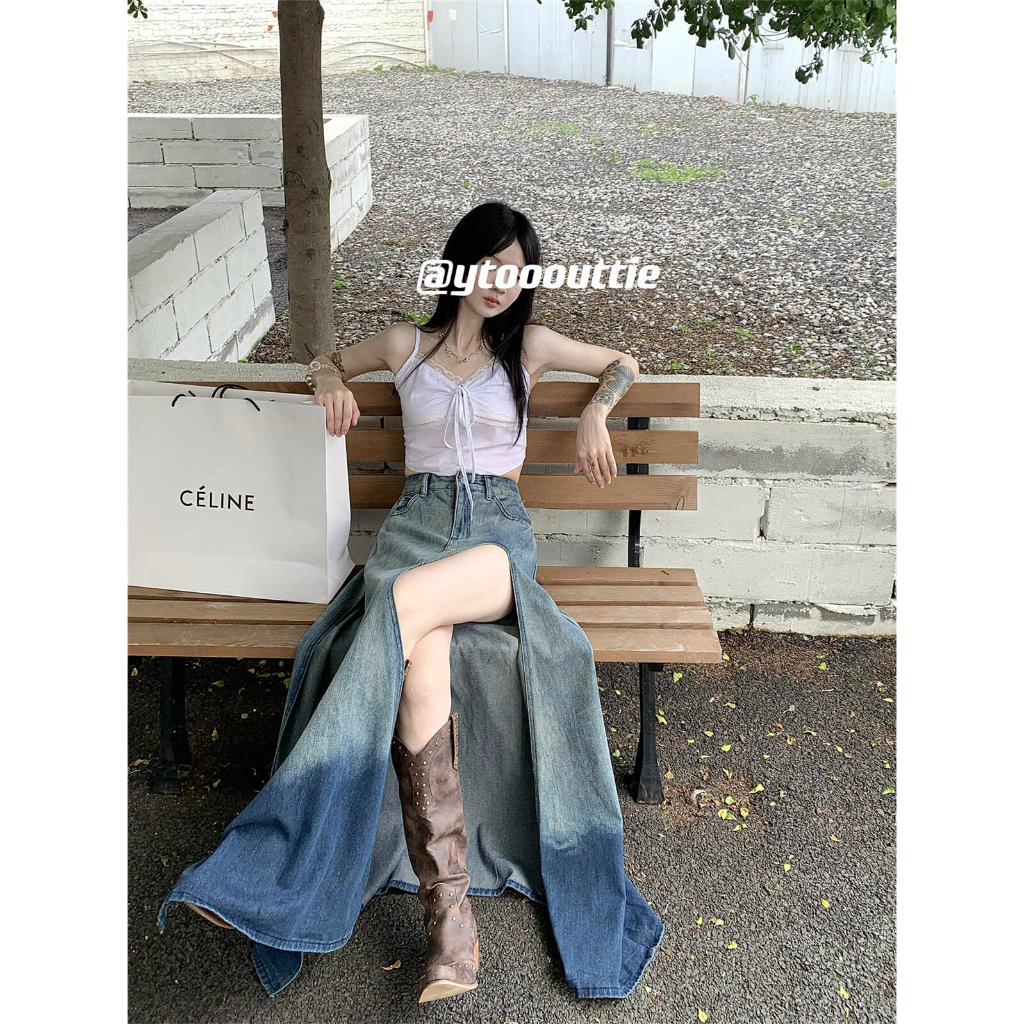 「MOTEL7」Chân Váy Denim Dài Lưng Thấp Xẻ Tà Cực Kỳ Dành Cho Bạn Nữ