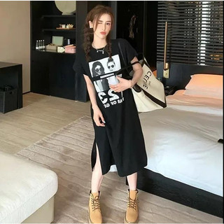 Đầm Thun Cotton Dài Qua Gối Xẻ Tà In Họa Tiết Thời Trang Mùa Hè Hàn Quốc 2023