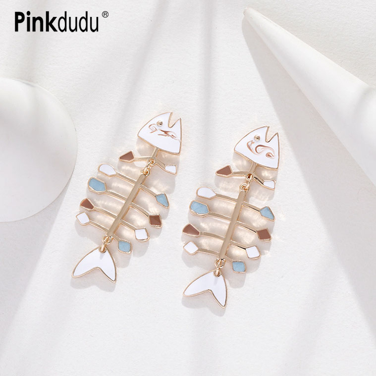 Khuyên tai Pinkdudu PD1208 hợp kim tráng men hình xương cá màu trắng hồng phong cách vintage thời trang cho nữ