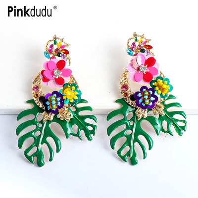 Khuyên tai Pinkdudu PD1210dáng dài bằng hợp kim tráng men họa tiết hoa lá sáng tạo thời trang cho nữ