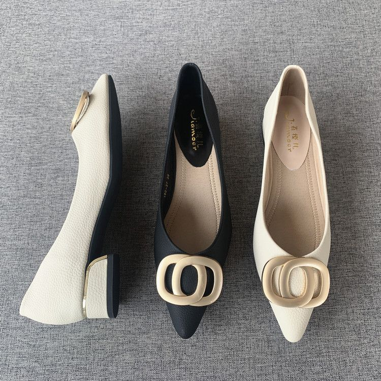 Giày Cao Gót 3Cm Da Mềm Mũi Nhọn Phối Khóa Kim Loại Thời Trang Cho Nữ