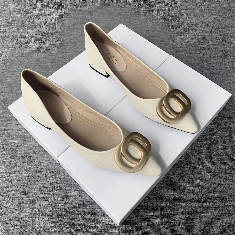 Giày Cao Gót 3Cm Da Mềm Mũi Nhọn Phối Khóa Kim Loại Thời Trang Cho Nữ