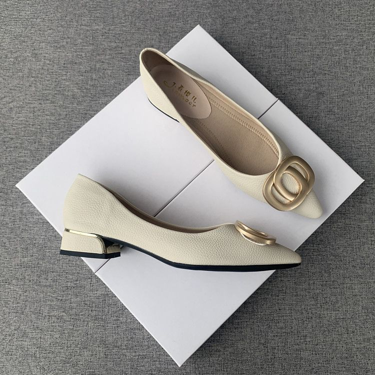 Giày Cao Gót 3Cm Da Mềm Mũi Nhọn Phối Khóa Kim Loại Thời Trang Cho Nữ