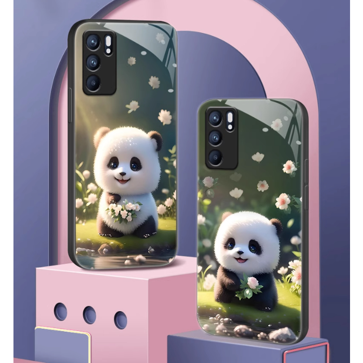 Ốp Điện Thoại Kính Cường Lực Hình Gấu Trúc Cho OPPO Reno 6 6Z 8Z 8T 8 Pro 7Z 7 5Z 5F 5 4 3 2F 2 R9S R11 R15 Pro R17