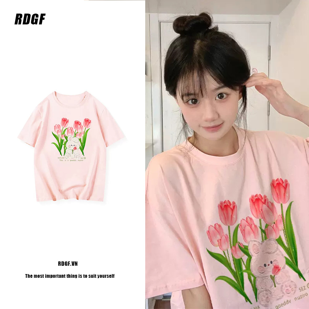 Áo Thun Tay Ngắn Dáng Rộng In Hình Hoa Tulip Màu Hồng Thời Trang Cho Nữ