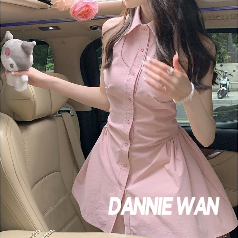 DannieWan chân váy váy polo nữ đầm hở vai váy sơ mi A22M1OH