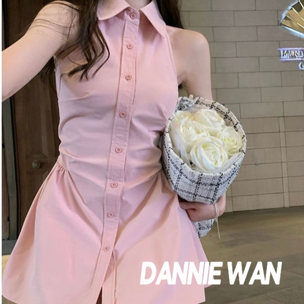 DannieWan chân váy váy polo nữ đầm hở vai váy sơ mi A22M1OH