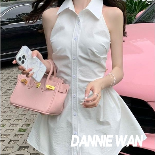 DannieWan chân váy váy polo nữ đầm hở vai váy sơ mi A22M1OH