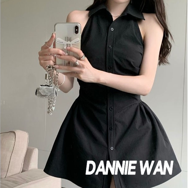 DannieWan chân váy váy polo nữ đầm hở vai váy sơ mi A22M1OH