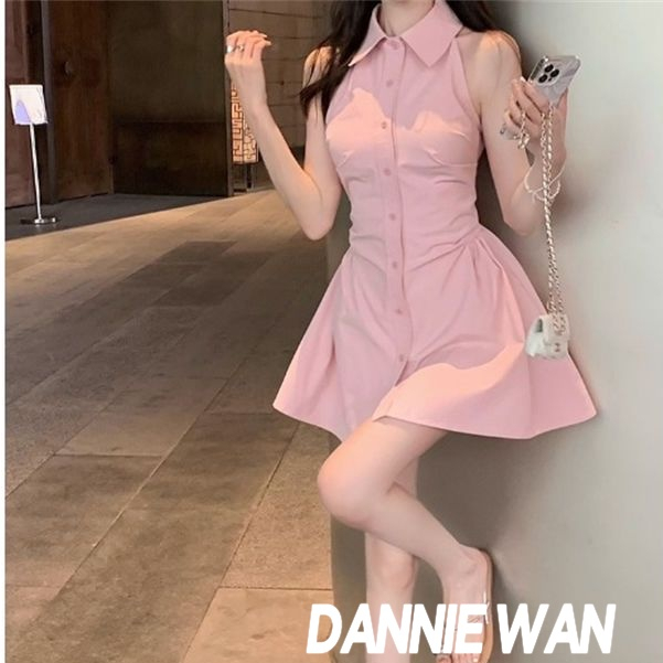 DannieWan chân váy váy polo nữ đầm hở vai váy sơ mi A22M1OH