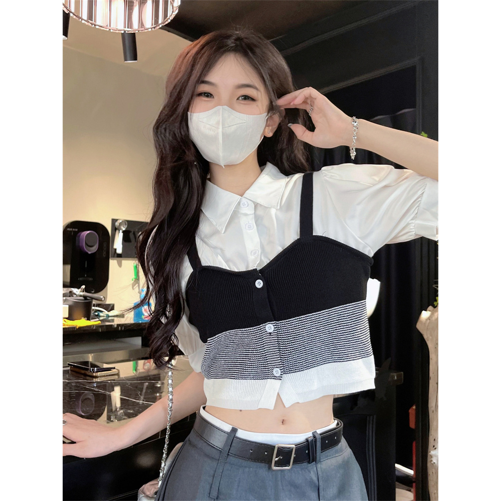 Lalisas Áo Sơ Mi Dệt Kim Hai Mảnh Tay Phồng Có Cổ Phong Cách Hàn Quốc Cổ Điển Cho Nữ