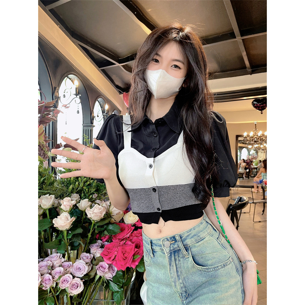 Lalisas Áo Sơ Mi Dệt Kim Hai Mảnh Tay Phồng Có Cổ Phong Cách Hàn Quốc Cổ Điển Cho Nữ