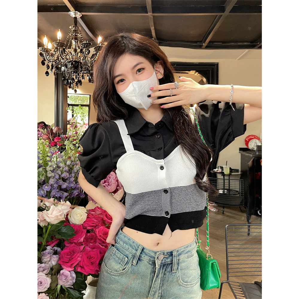 Lalisas Áo Sơ Mi Dệt Kim Hai Mảnh Tay Phồng Có Cổ Phong Cách Hàn Quốc Cổ Điển Cho Nữ