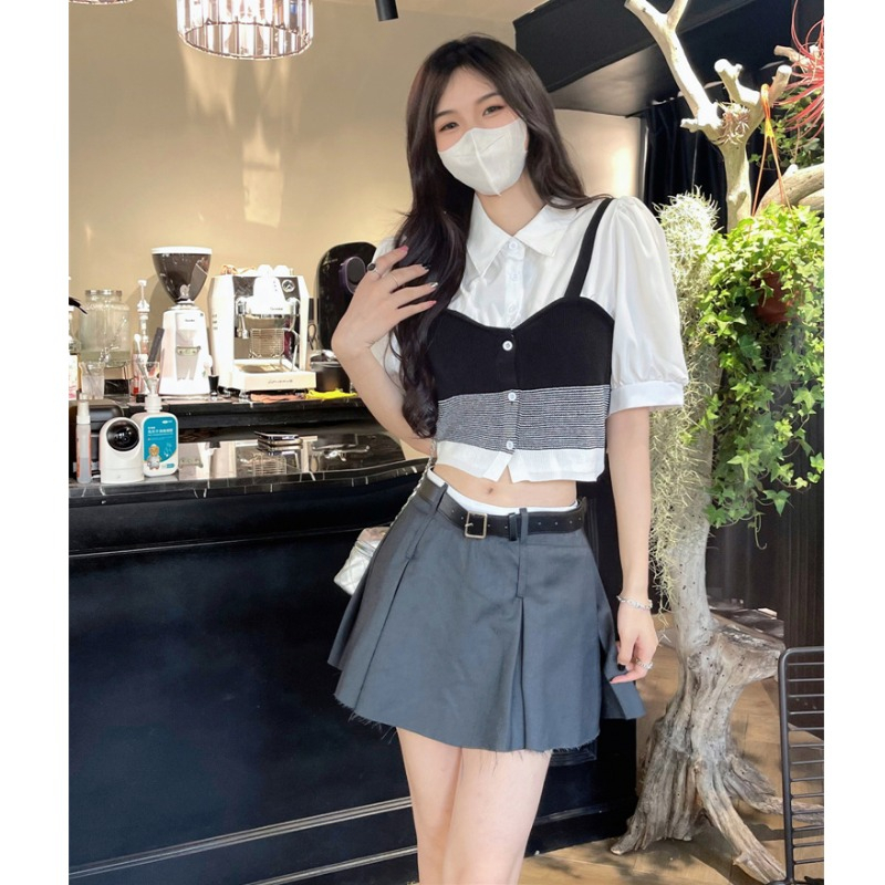 Lalisas Áo Sơ Mi Dệt Kim Hai Mảnh Tay Phồng Có Cổ Phong Cách Hàn Quốc Cổ Điển Cho Nữ