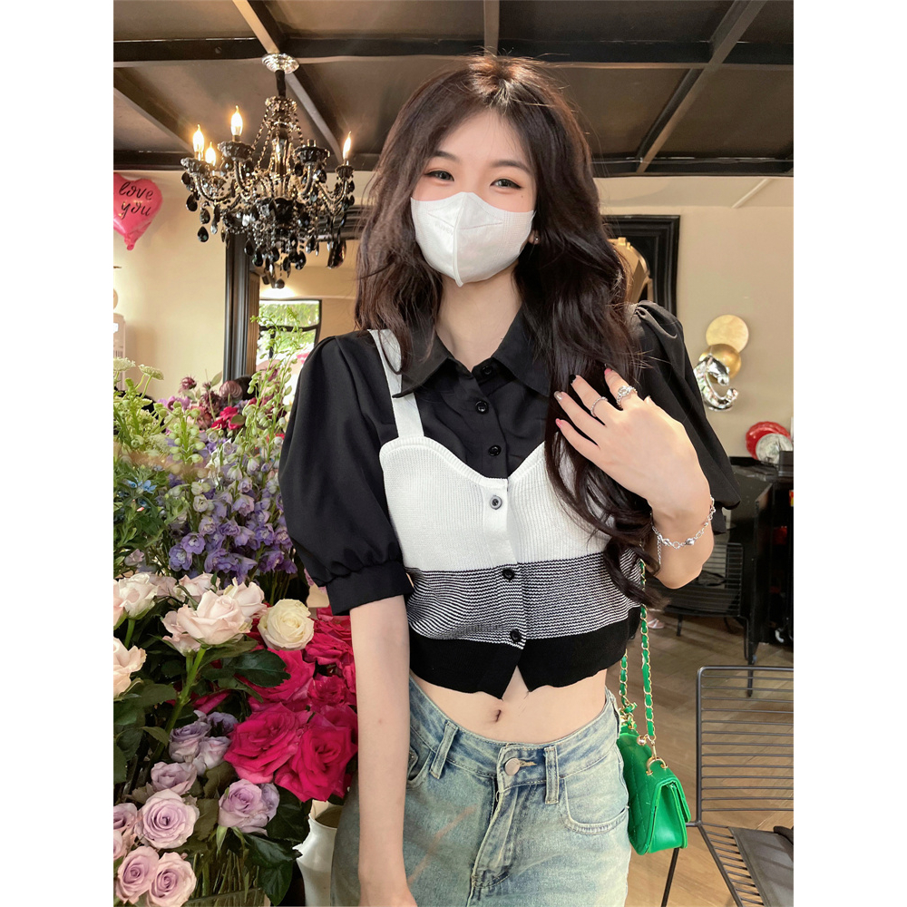 Lalisas Áo Sơ Mi Dệt Kim Hai Mảnh Tay Phồng Có Cổ Phong Cách Hàn Quốc Cổ Điển Cho Nữ