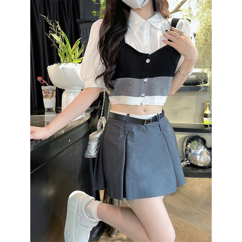 Lalisas Áo Sơ Mi Dệt Kim Hai Mảnh Tay Phồng Có Cổ Phong Cách Hàn Quốc Cổ Điển Cho Nữ