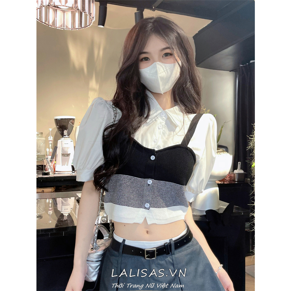 Lalisas Áo Sơ Mi Dệt Kim Hai Mảnh Tay Phồng Có Cổ Phong Cách Hàn Quốc Cổ Điển Cho Nữ