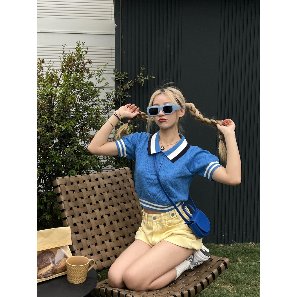 Lalisas Áo Croptop Dệt Kim Tay Ngắn Cổ polo Phong Cách Mỹ Cổ Điển Thời Trang Cho Nữ