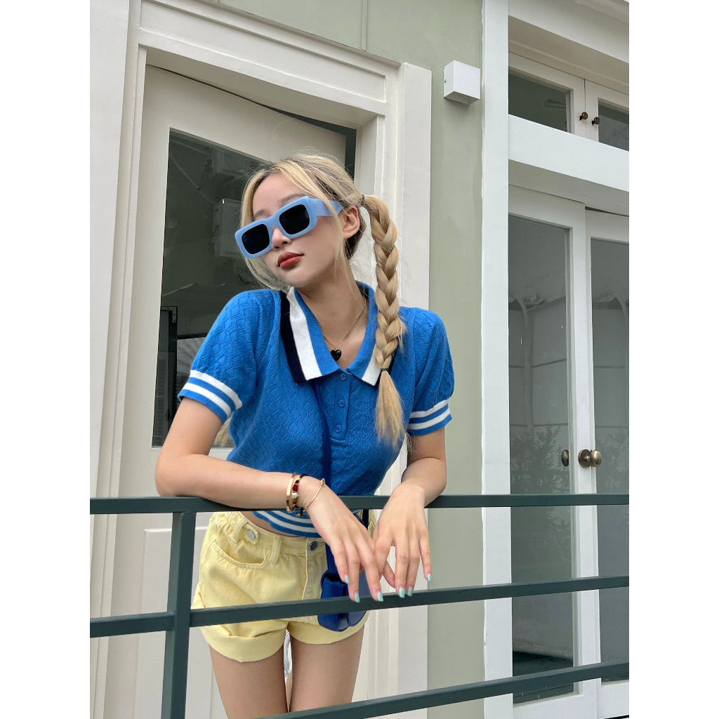 Lalisas Áo Croptop Dệt Kim Tay Ngắn Cổ polo Phong Cách Mỹ Cổ Điển Thời Trang Cho Nữ