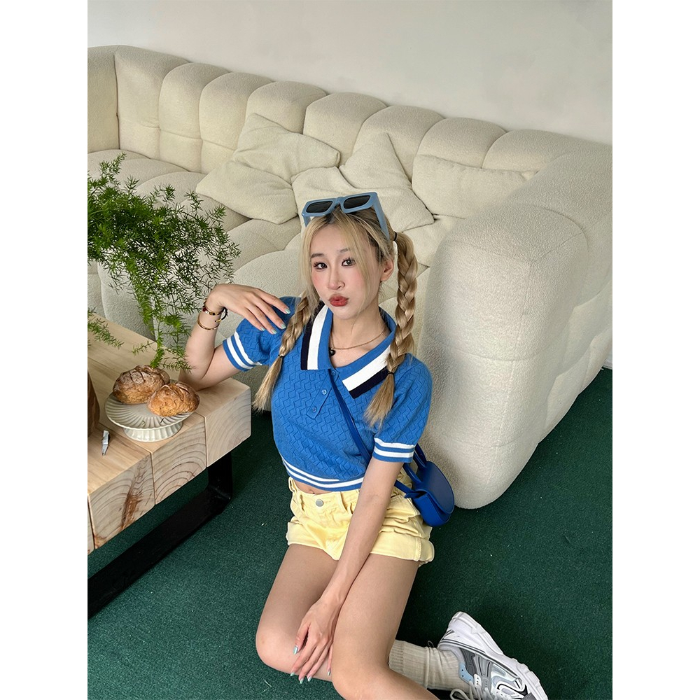 Lalisas Áo Croptop Dệt Kim Tay Ngắn Cổ polo Phong Cách Mỹ Cổ Điển Thời Trang Cho Nữ