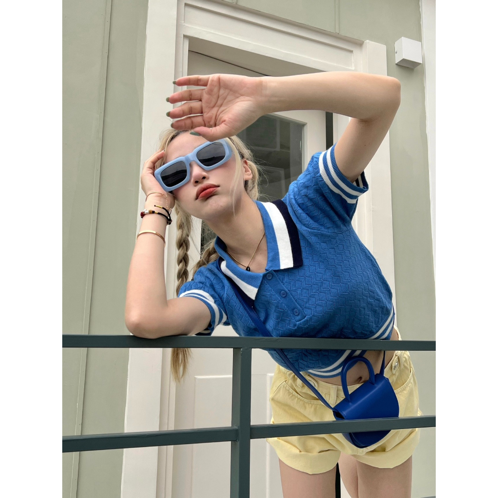 Lalisas Áo Croptop Dệt Kim Tay Ngắn Cổ polo Phong Cách Mỹ Cổ Điển Thời Trang Cho Nữ