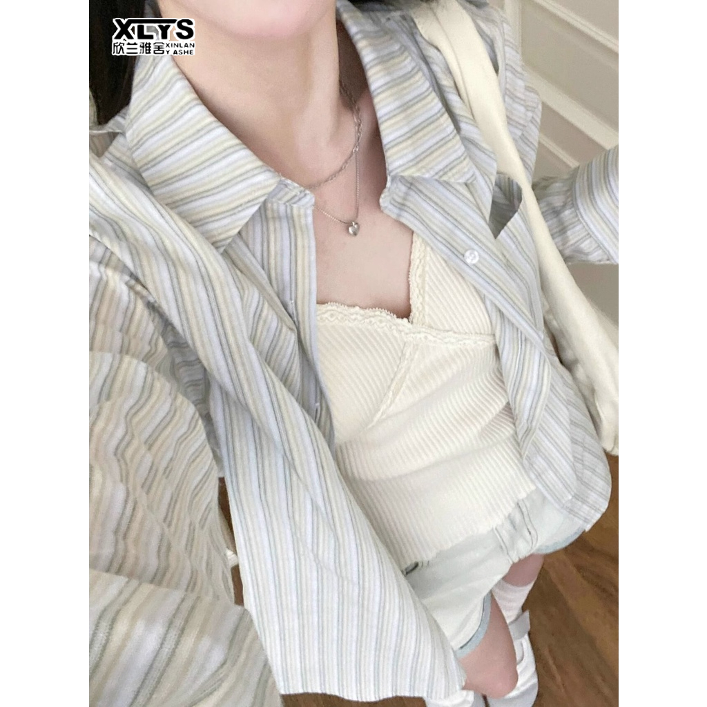 Áo Sơ Mi Chống Nắng Tay Dài Hở Vai Họa Tiết Kẻ Sọc Thời Trang Mùa Hè Phong Cách Hàn Quốc Cho Nữ