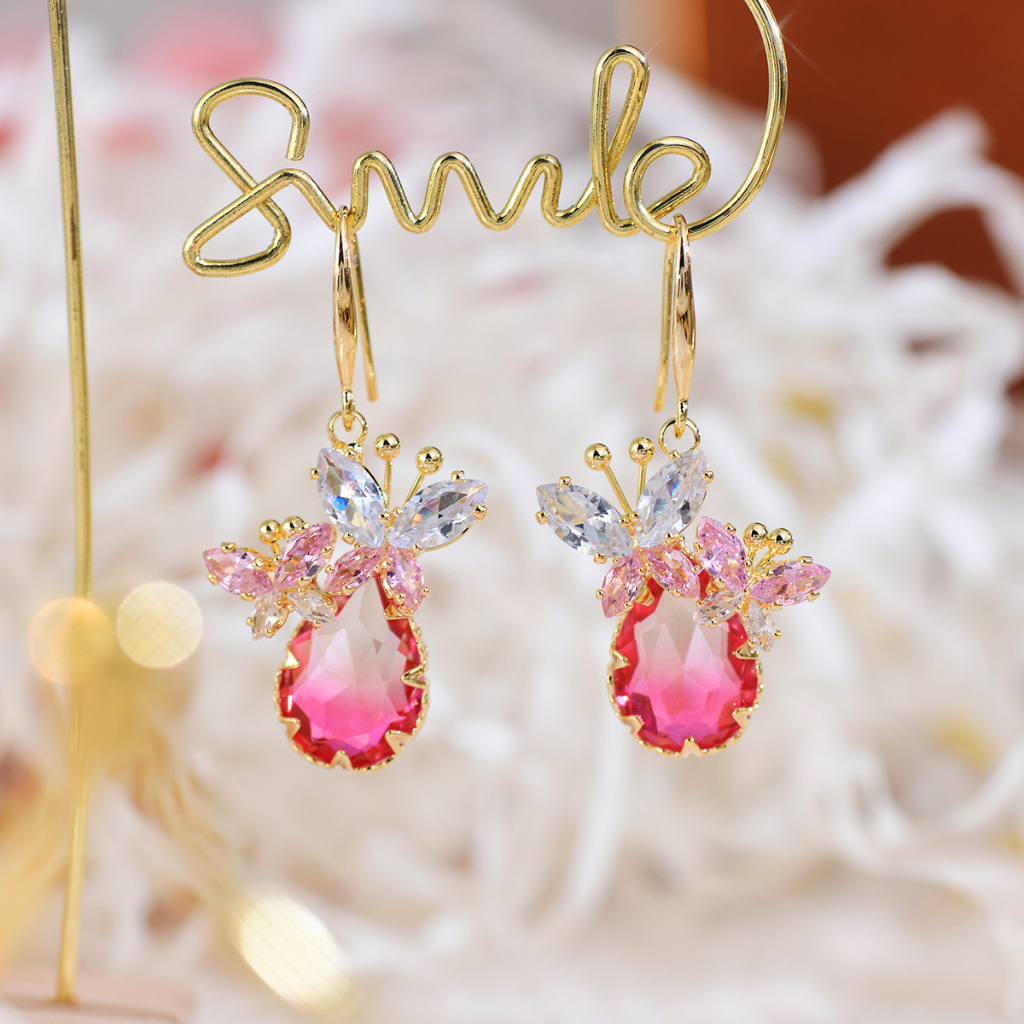 Khuyên Tai Dáng Dài Hình Bướm Đính Đá Zircon Màu Hồng Xinh Xắn