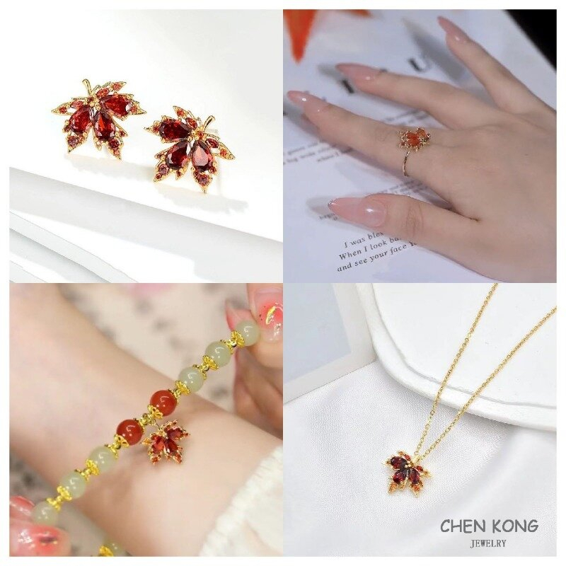 Bộ Trang Sức Vòng Cổ / Nhẫn / Vòng Tay Dạng Hở Hình Lá Phong Đính Đá Màu Đỏ Cao Cấp Sang Trọng Làm Quà Tặng Cho Bạn