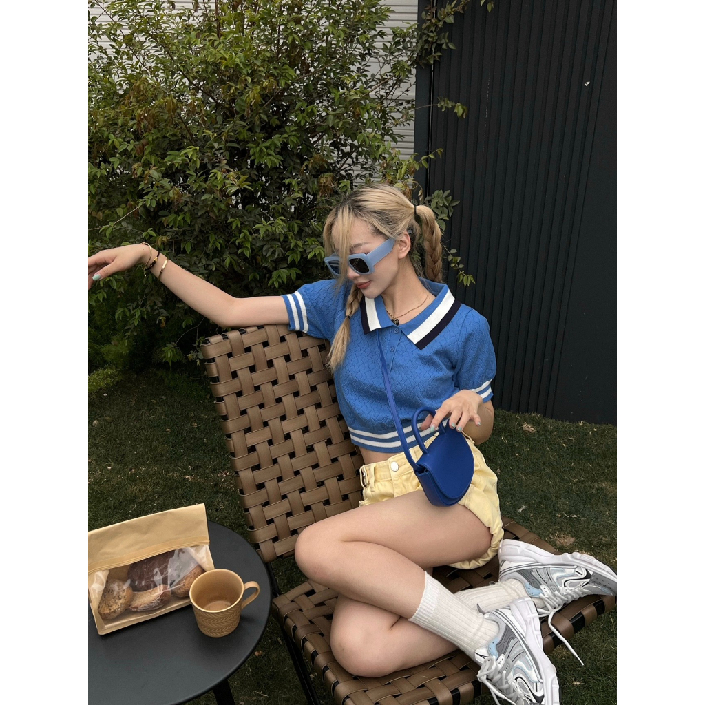 Lalisas Áo Croptop Dệt Kim Tay Ngắn Cổ polo Phong Cách Mỹ Cổ Điển Thời Trang Cho Nữ