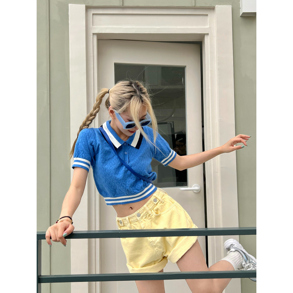 Lalisas Áo Croptop Dệt Kim Tay Ngắn Cổ polo Phong Cách Mỹ Cổ Điển Thời Trang Cho Nữ