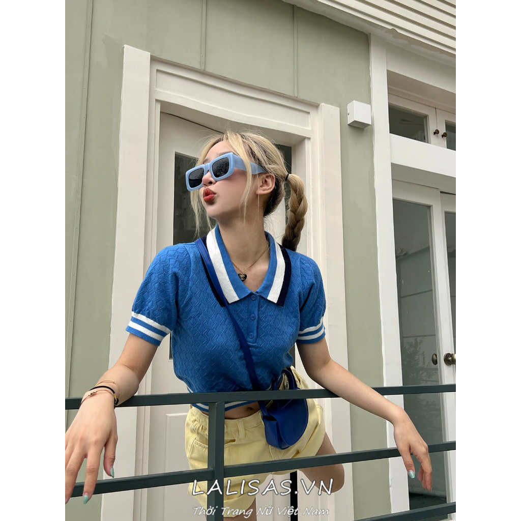 Lalisas Áo Croptop Dệt Kim Tay Ngắn Cổ polo Phong Cách Mỹ Cổ Điển Thời Trang Cho Nữ