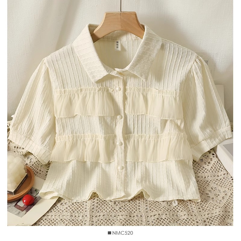 Áo Sơ Mi Ngắn Mỏng Ghép Nối Viền Bèo Mẫu Mới Mùa Hè Phong Cách Hàn Quốc Cho Nữ