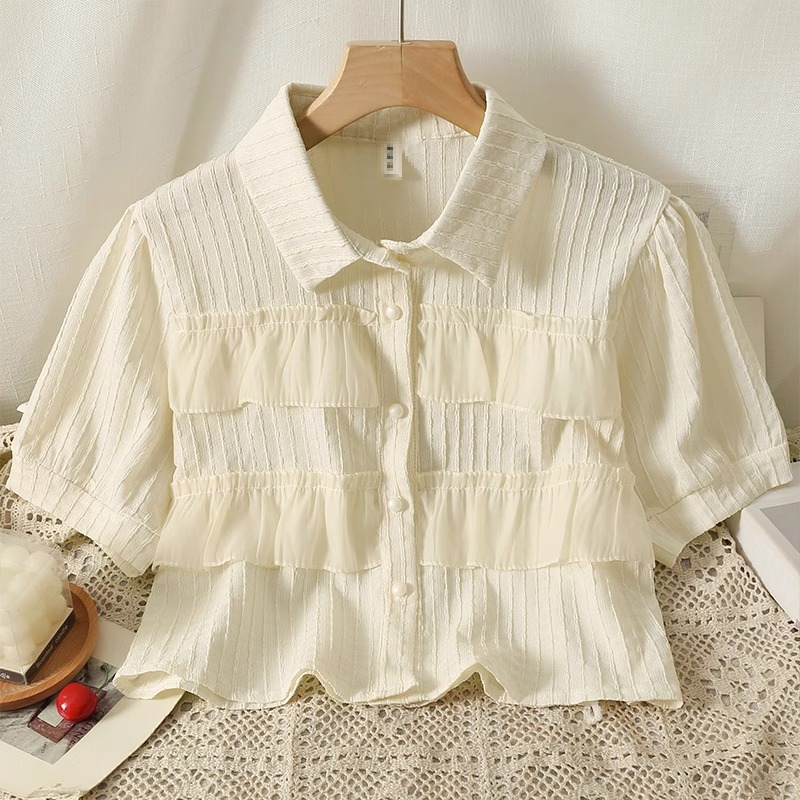 Áo Sơ Mi Ngắn Mỏng Ghép Nối Viền Bèo Mẫu Mới Mùa Hè Phong Cách Hàn Quốc Cho Nữ