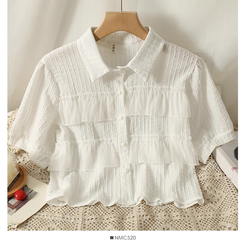Áo Sơ Mi Ngắn Mỏng Ghép Nối Viền Bèo Mẫu Mới Mùa Hè Phong Cách Hàn Quốc Cho Nữ