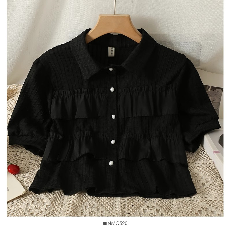 Áo Sơ Mi Ngắn Mỏng Ghép Nối Viền Bèo Mẫu Mới Mùa Hè Phong Cách Hàn Quốc Cho Nữ