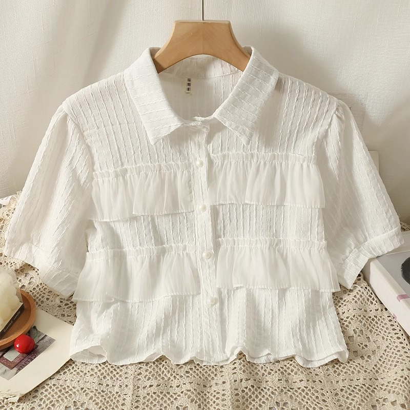 Áo Sơ Mi Ngắn Mỏng Ghép Nối Viền Bèo Mẫu Mới Mùa Hè Phong Cách Hàn Quốc Cho Nữ