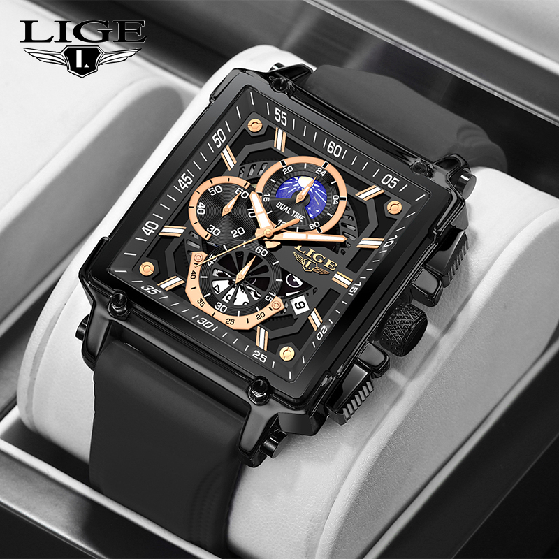LIGE đồng hồ nam vuông chống nước chính hãng Đồng hồ thạch anh thời trang thể thao Chronograph