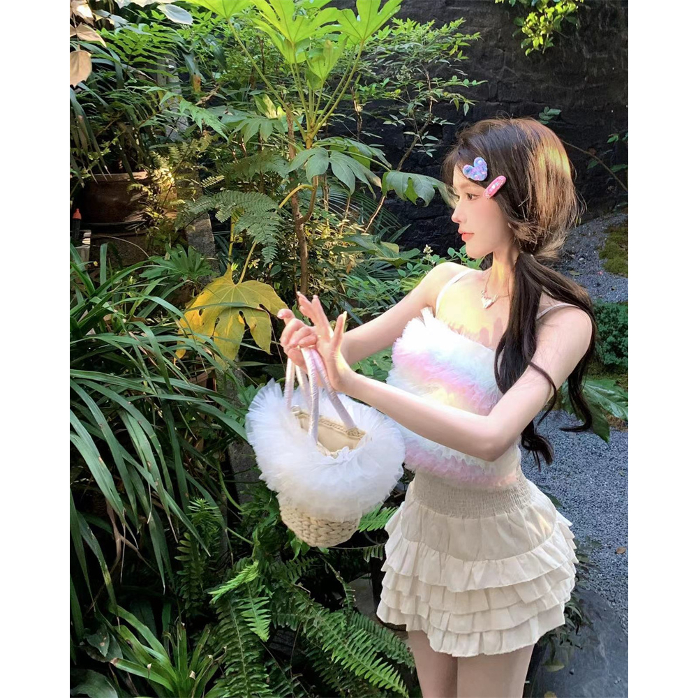 Lalisas Áo Hai Dây Dáng Ngắn Phối Lưới Màu Cầu Vồng Thời Trang Cho Nữ y2k