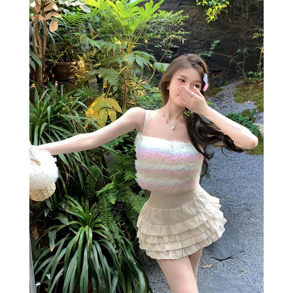 Lalisas Áo Hai Dây Dáng Ngắn Phối Lưới Màu Cầu Vồng Thời Trang Cho Nữ y2k